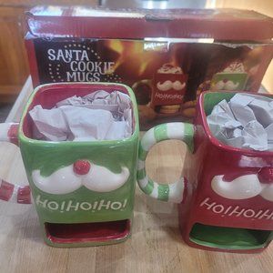 2 Collectable Santa Cookie Mugs for Hot Chocolate or Coffee NIB